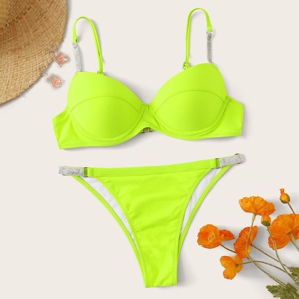 

Neon Lime Underwired Top With Glitter Strap Bikini, Green bright