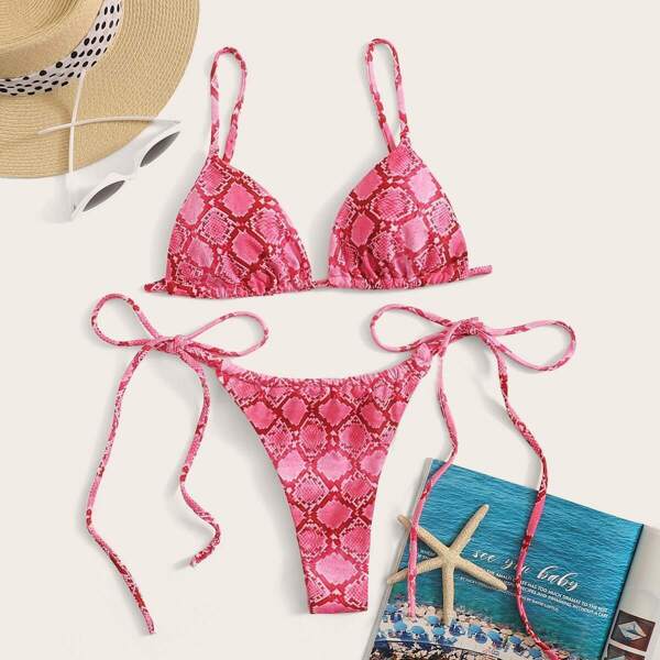 

Snakeskin Print Triangle Top With Tie Side Bikini Set