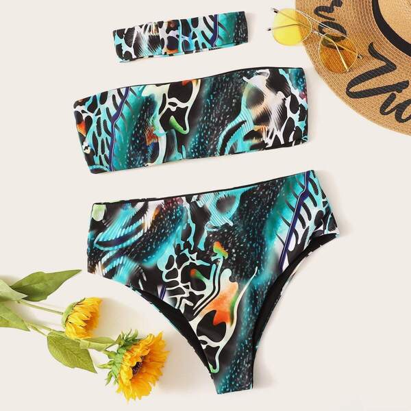 

Random Graphic Print Bandeau Bikini Set