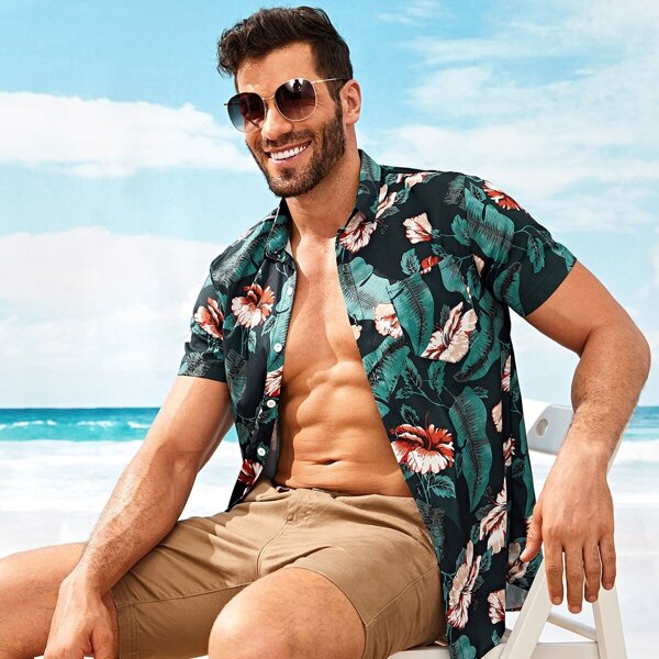 

Men Tropical & Floral Print Hawaiian Shirt, Multicolor