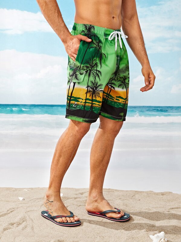 

Men Coconut Trees Print Bermuda Shorts, Multicolor, Roni Maion