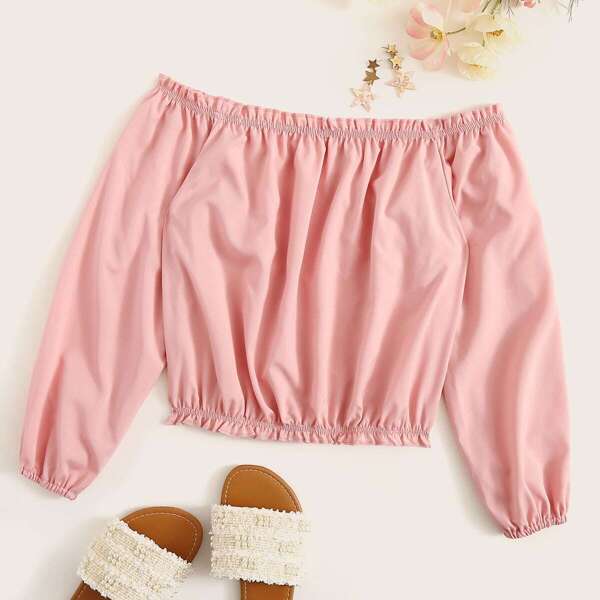 

Off The Shoulder Frill Trim Blouse, Pink