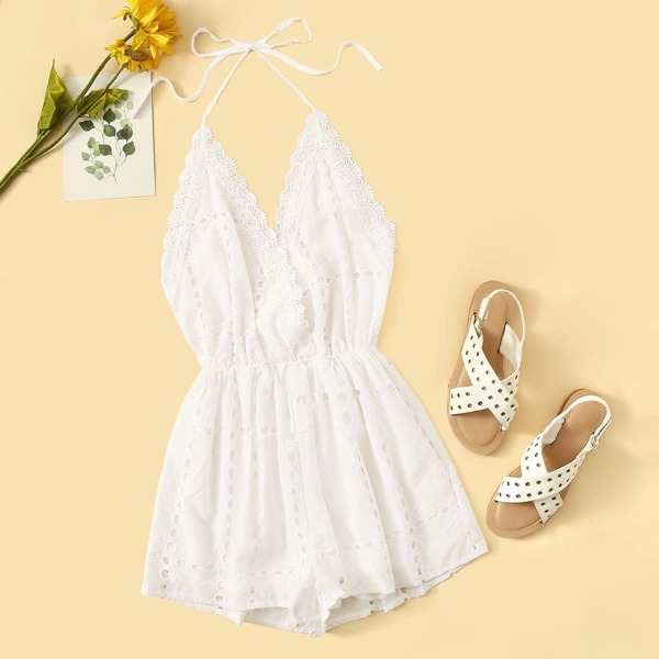 

Contrast Lace Eyelet Embroidery Backless Cami Romper, White