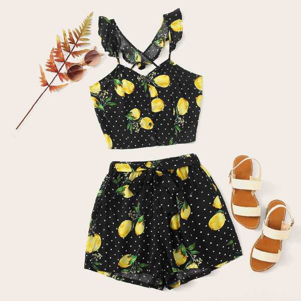 

Random Lemon Polka Dot Cami Top & Belted Shorts, Multicolor