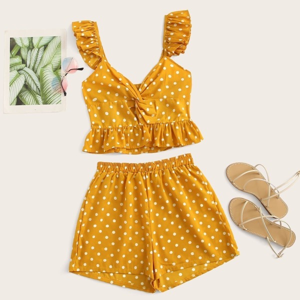 

Polka Dot Ruffle Hem Twist Front Shirred Top & Shorts