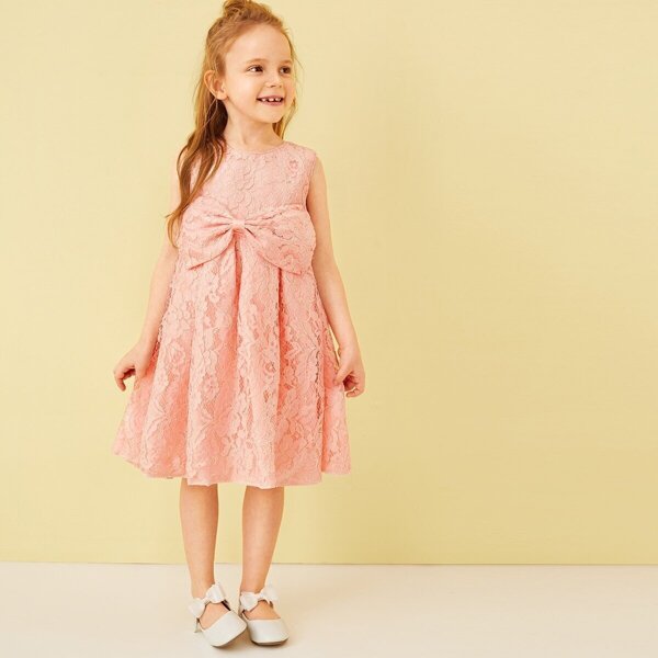 

Toddler Girls Guipure Lace Big Bow Prom Dress, Pink