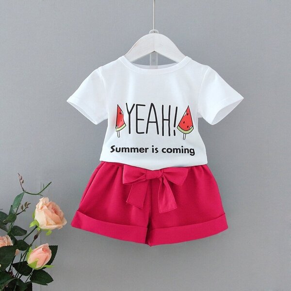 

Toddler Girls Slogan Print Tee With Knot Front Shorts, Multicolor