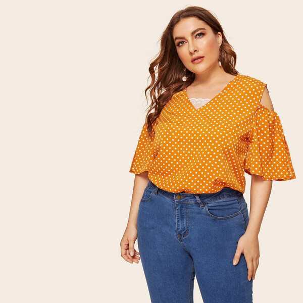 

Plus Cold Shoulder Contrast Lace Polka Dot Blouse