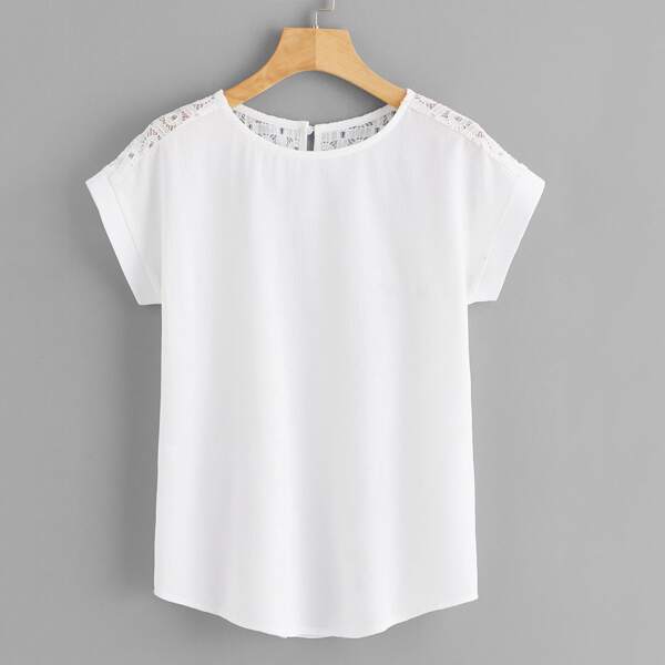 

Plus Contrast Lace Button Keyhole Back Blouse, White