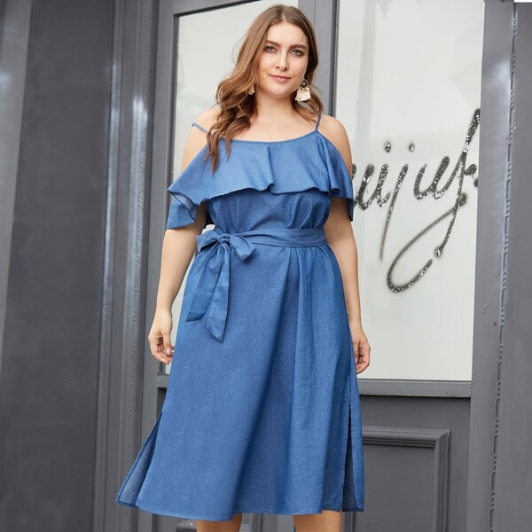 

Plus Cold-shoulder Split Side Self Tie Denim Dress, Blue