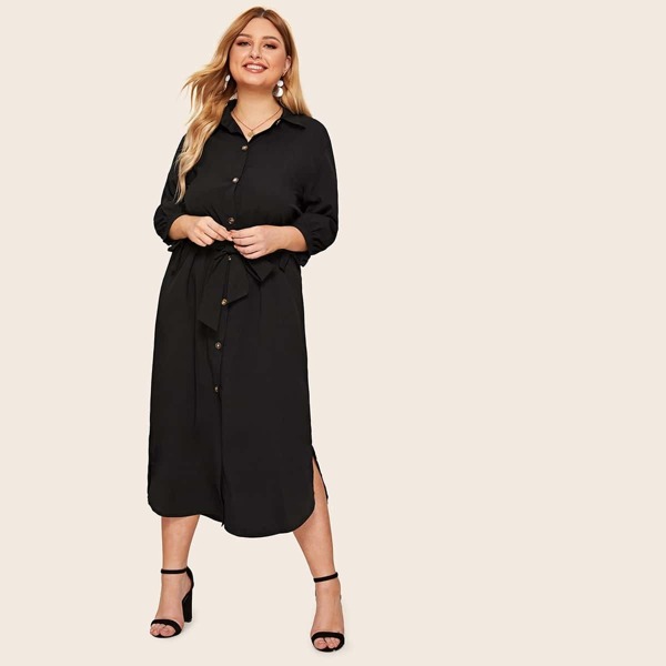 

Plus Button Through Split Side Self Tie Shirt Dress, Black