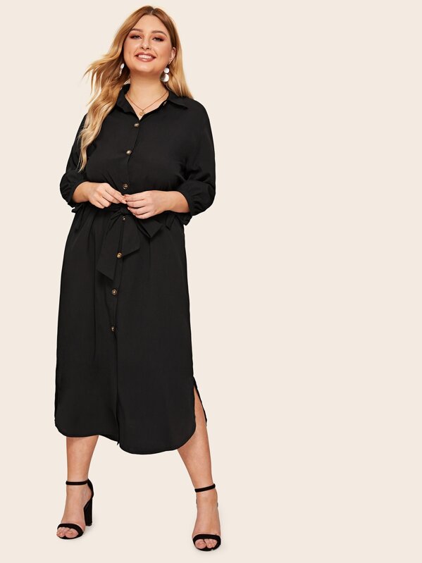 

Plus Button Through Split Side Self Tie Shirt Dress, Black, Nora