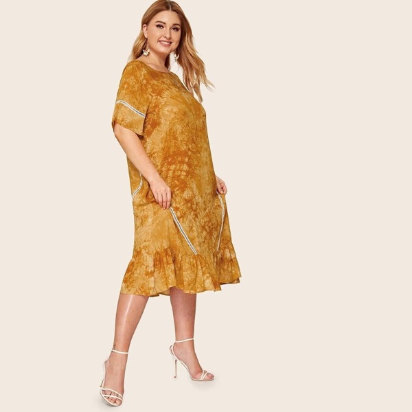 

Plus Tie Dye Ruffle Hem Dress, Yellow