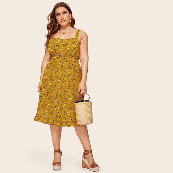 

Plus Ditsy Floral Ruffle Hem Cami Dress