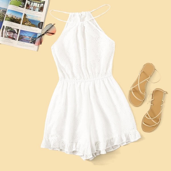 

Eyelet Embroidery Ruffle Hem Halter Playsuit