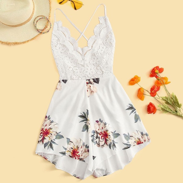 

Floral Print Lace Panel Criss Cross Backless Cami Playsuit