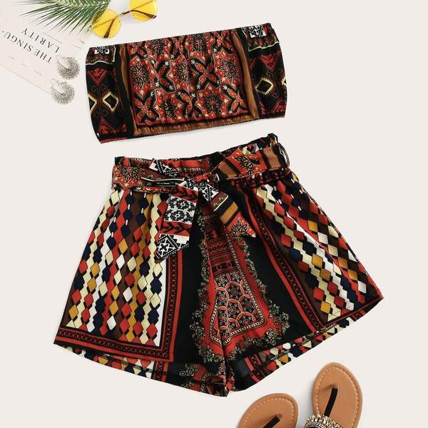 

Tribal Geo Print Tube Top With Belted Shorts