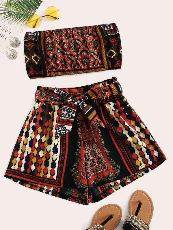 

Tribal Geo Print Tube Top With Belted Shorts, Multicolor
