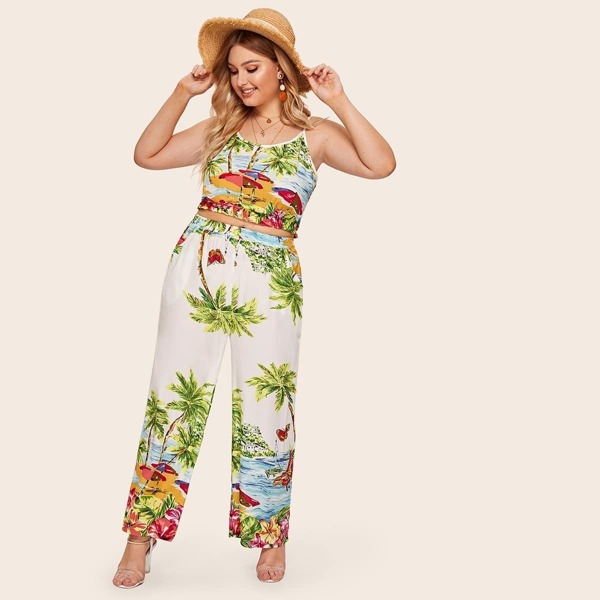 

Plus Tropical Print Cami Top With Pants