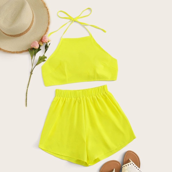 

Neon Yellow Tie Back Halter Top With Shorts