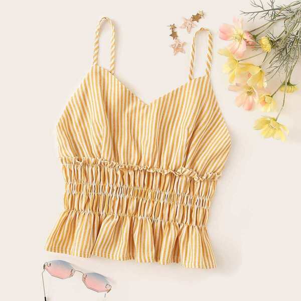 

Striped Shirred Ruffle Hem Cami Top, Yellow