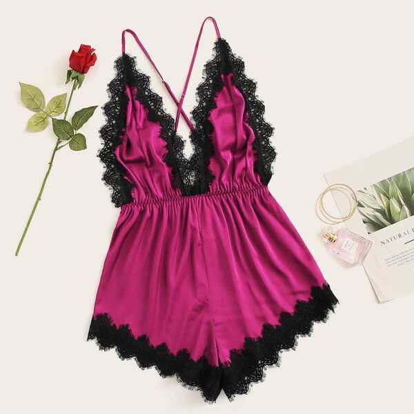 

Eyelash Lace Crisscross Back Satin Cami Romper