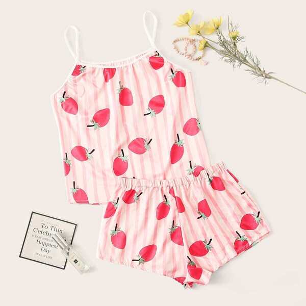 

Strawberry Print Striped Satin Cami PJ Set, Multicolor