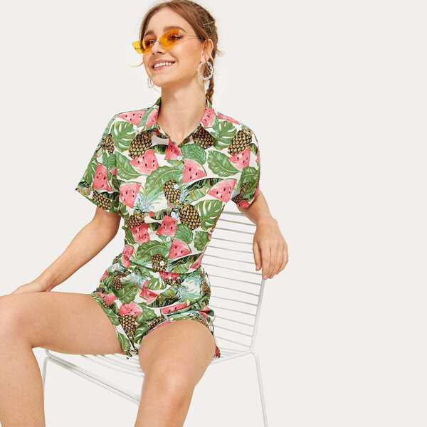 

Plants And Fruit Print Top With Shorts