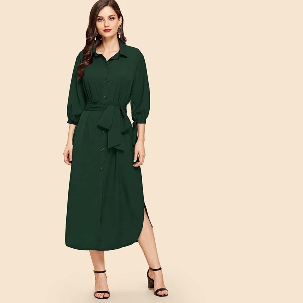 

Curved Hem Belted Midi Shirt Dress