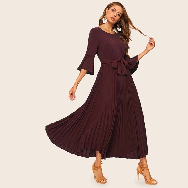 

Flounce Sleeve Pleated Hem Belted Maxi Dress