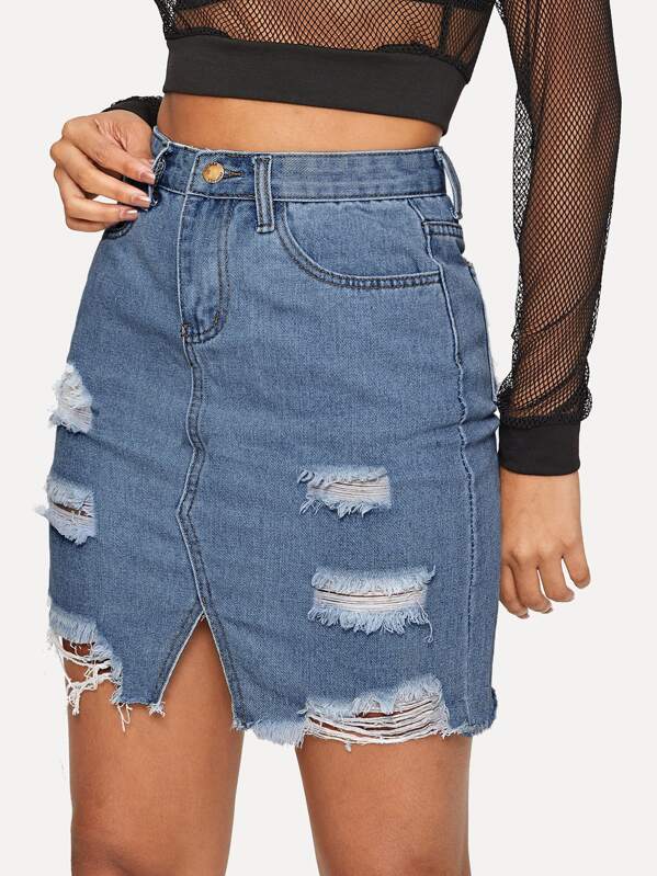 

Ripped Raw Hem Denim Skirt, Blue, Gigi