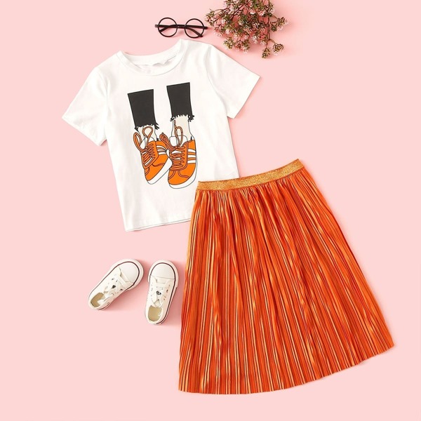 

Girls Graphic Tee & Neon Orange Pleated Satin Skirt Set