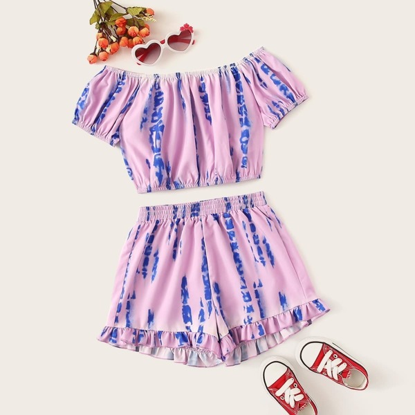 

Girls Tie Dye Off Shoulder Crop Top & Ruffle Hem Shorts Set