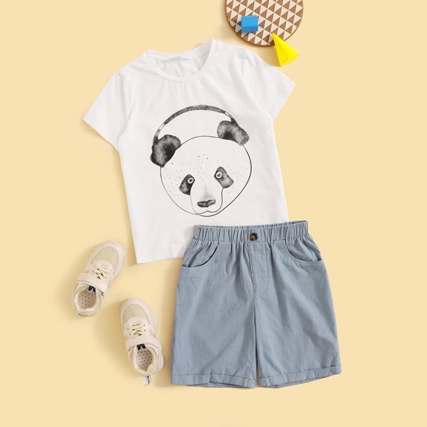 

Boys Panda Print Tee and Rolled Hem Shorts Set, Multicolor