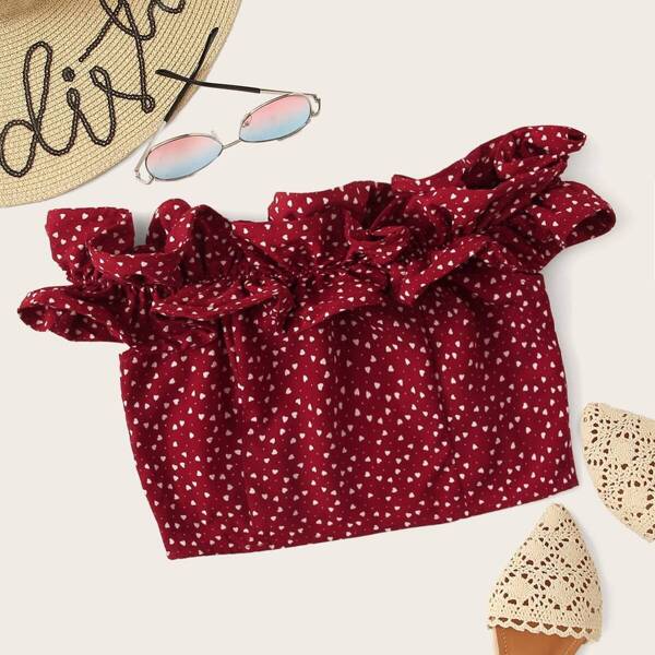 

Exaggerate Ruffle Off Shoulder Heart Print Crop Top