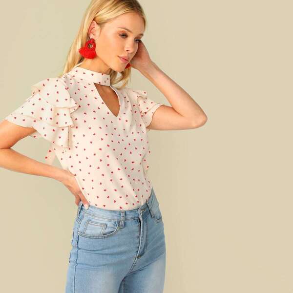 

Choker Neck Layered Ruffle Sleeve Heart Print Top