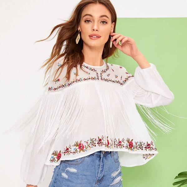 

Keyhole Back Fringe Trim Flower Embroidered Top