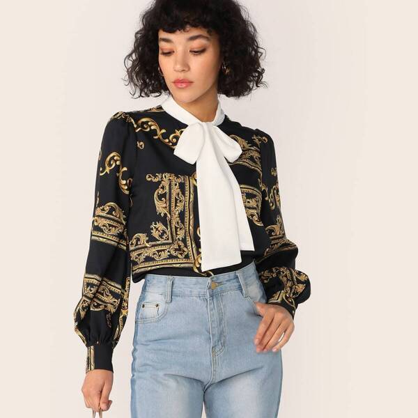 

Contrast Tie Neck Lantern Sleeve Baroque Print Blouse, Black