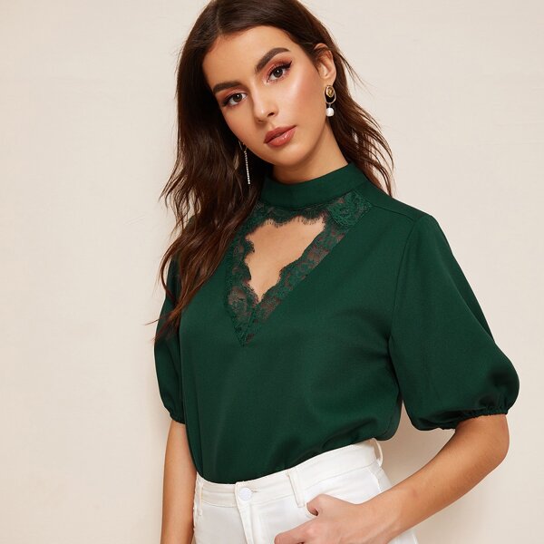 

Eyelash Lace Trim Choker Neck Top, Green