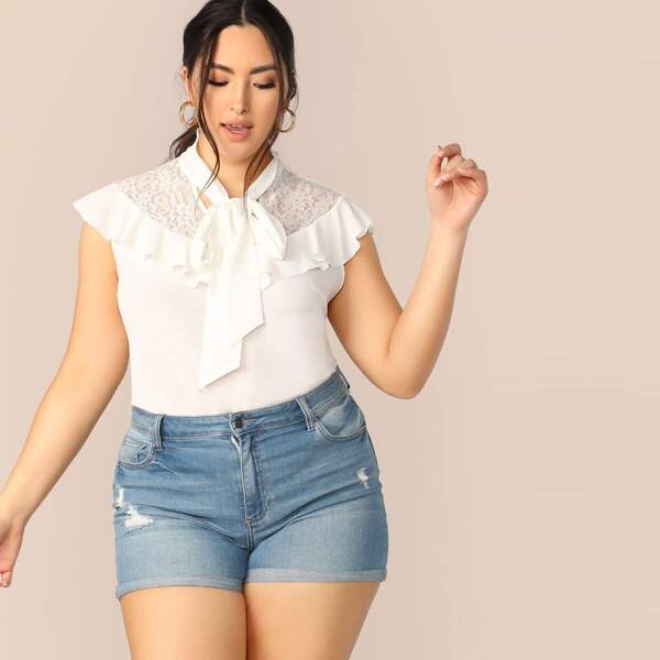 

Plus Lace Insert Tie Neck Ruffle Trim Top
