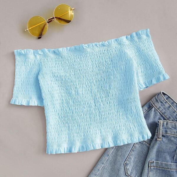 

Off Shoulder Frilled Trim Shirred Top