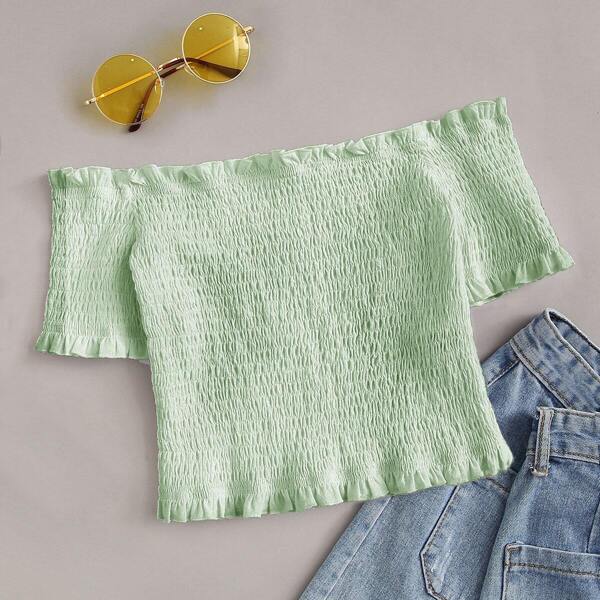 

Off Shoulder Frill Trim Shirred Crop Top