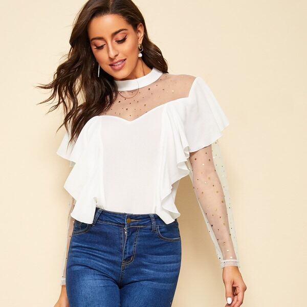 

Mesh Shoulder & Sleeve Trim Ruffle Detail Blouse, White