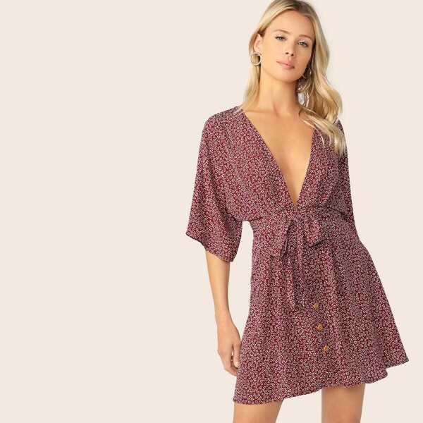 

Ditsy Floral Plunging Neck Tied Open Back Dress