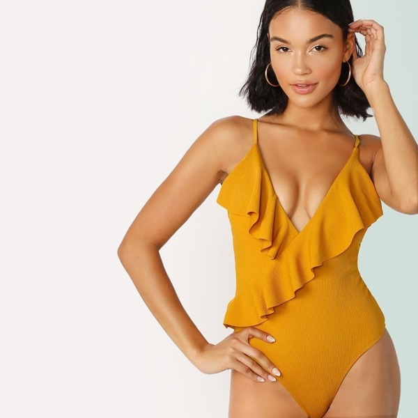 

Ruffle Overlap Low Back Ribbed One Piece Swim, Yellow
