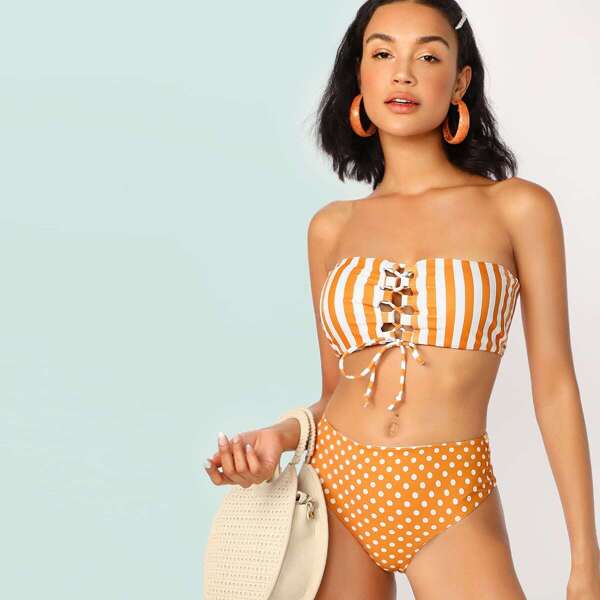 

Random Lace-up Striped and Polka Dot Bikini Set