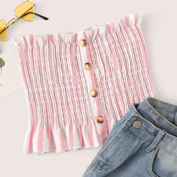

Frill Trim Button Front Shirred Bandeau Top