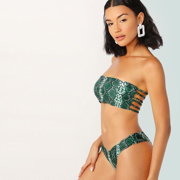 

Snakeskin Caged Bandeau With High Leg Bikini Set