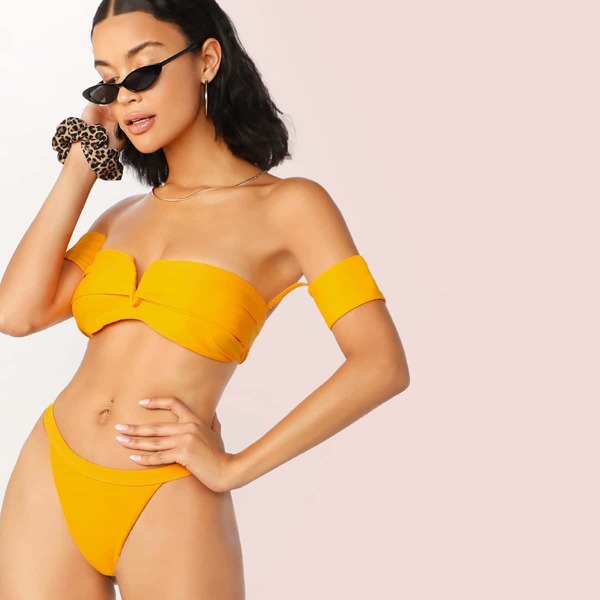 

Ruched Short Sleeve Bardot Top With Tanga Bikini