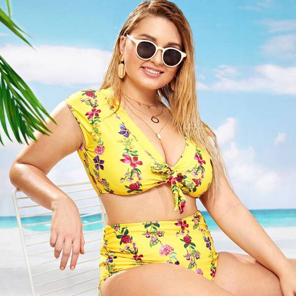 

Plus Floral Knot Top With High Waist Bikini